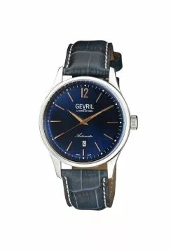 Gevril Five Points Men's 4253A Swiss Made Automatic, Sellita SW200 Movement Genuine Blue Italian Leather Luminous Date Watch