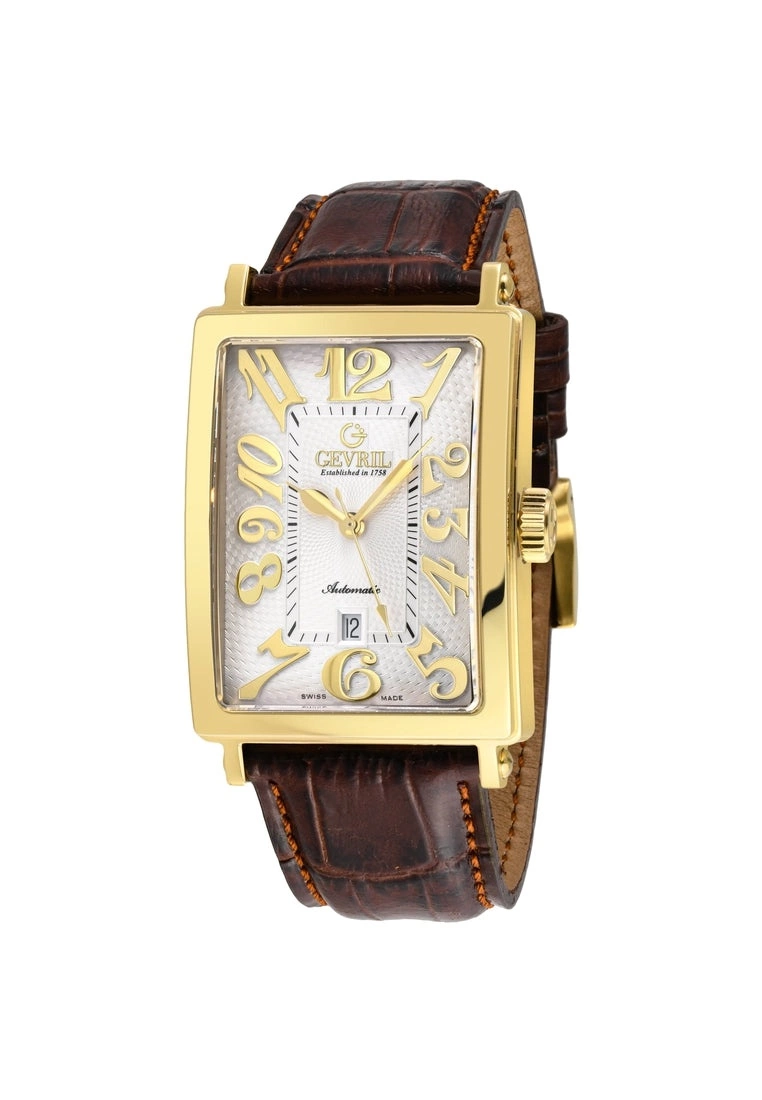Gevril Men's Avenue of America's 15100-7 Swiss Automatic IP Yellow Gold White dial Genuine Light Brown Leather Band 1 Gevril Men's Avenue of America's 15100-7 Swiss Automatic IP Yellow Gold White dial Genuine Light Brown Leather Band