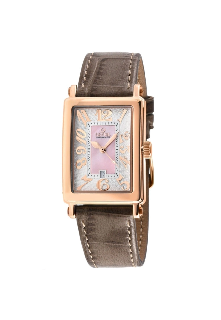 Gevril Ave of Americas Mini Women’s Rose Stainless Steel Case, Pink MOP Dial Watch..Genuine Tan Leather Strap. 1 Gevril Ave of Americas Mini Women’s Rose Stainless Steel Case, Pink MOP Dial Watch..Genuine Tan Leather Strap.