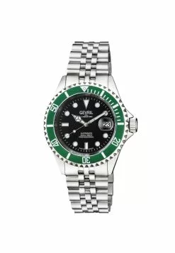Gevril Men's Wall Street black Dial Green Bezel Stainless Steel Bracelet
