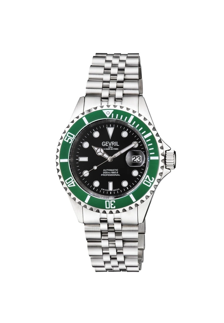 Gevril Men's Wall Street black Dial Green Bezel Stainless Steel Bracelet 1 Gevril Men's Wall Street black Dial Green Bezel Stainless Steel Bracelet