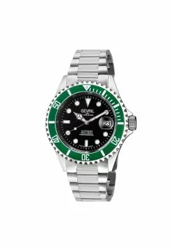 Gevril Men's Wall Street black Dial Green Bezel Stainless Steel Bracelet