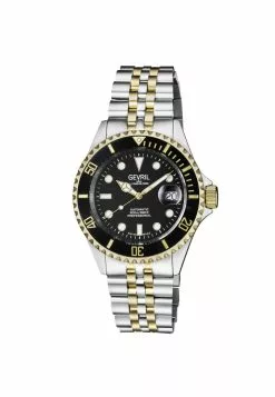 Gevril Men's Wall Street Black Dial Two Tone IP Gold Stainless Steel Bracelet Watch