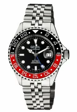 Gevril Men's Wall Street GMT BLK Dial BLK/RED Ceramic Bezel Stainless Steel Bracelet