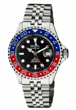Gevril Men's Wall Street GMT BLK Dial BLU/RED Ceramic Bezel Stainless Steel Bracelet