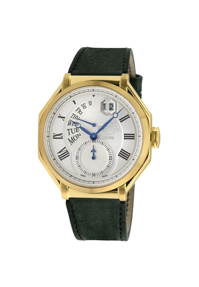 Gevril GV2 Men's Marchese IPYG Case, Silver Dial, Genuine Italian Green Leather Strap 1 Gevril GV2 Men's Marchese IPYG Case, Silver Dial, Genuine Italian Green Leather Strap