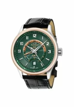 Gevril GV2 Men's Giromondo 42304 Swiss Quartz Green Dial Black Leather Date Watch