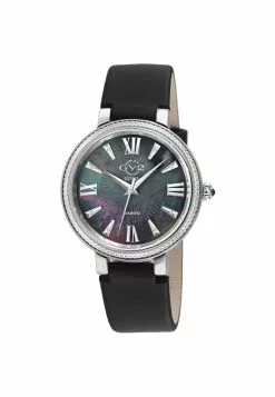 Gevril GV2 Women's Genoa Black MOP Dial, Stainless Steel Diamond Watch with Leather Strap