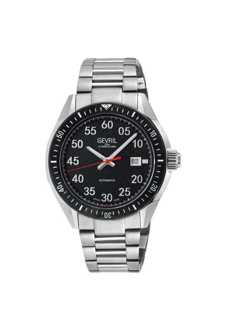 Gevril Men's Ascari Automatic Watch SS Case, Top ring in Black Forged Carbon, Stainless Steel Bracelet 1 Gevril Men's Ascari Automatic Watch SS Case, Top ring in Black Forged Carbon, Stainless Steel Bracelet