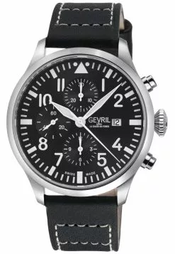 Gevril Men's Vaughn 316L Stainless Steel Case, Black Dial, Genuine St. Kigaly Black Leather Watch