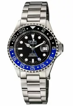 Gevril Men's Wall Street GMT BLK Dial BLK/BLU Ceramic Bezel Stainless Steel Bracelet