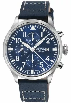 Gevril Men's Vaughn 316L Stainless Steel Case, Blue Dial, Genuine St. Kigaly Blue Leather Watch