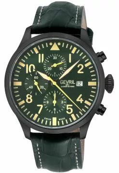Gevril Men's Vaughn 316L Stainless Steel Black Case, Green Dial, Genuine Elbamat Olive Leather Watch