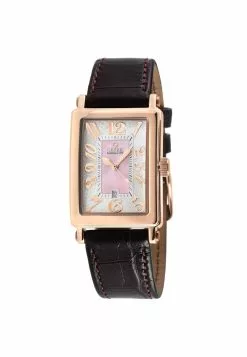 Gevril Ave of Americas Mini Women’s Rose Stainless Steel Case, Pink MOP Dial Watch..Genuine Burgundy Leather Strap.