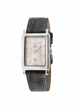 Gevril Ave of Americas Mini Women’s Stainless Steel Case,White MOP Dial Watch, Genuine Charcoal Handmade Leather Strap