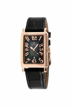 Gevril Ave of Americas Mini Women’s Rose Stainless Steel Case, Black MOP Dial Watch, Genuine Black Leather Strap.